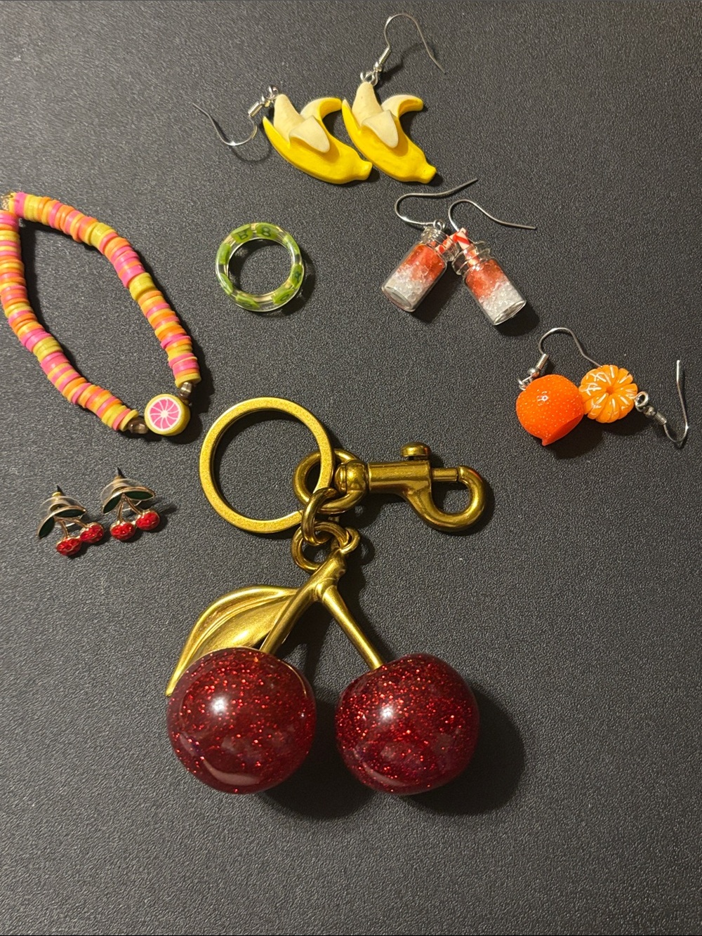 A selection of fruit jewelry Cherry Keychain Charm Fruit Earrings Ring Bracelet